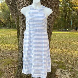 SIGRID OLSEN LIGHT BLUE STRIPED LINEN MIDI DRESS LARGE SLEEVELESS POCKETS!